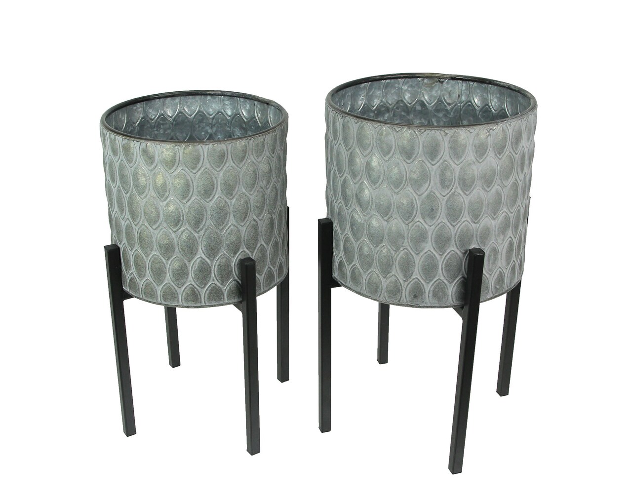 Set of 2 Galvanized Zinc Finish Leaf Pattern Metal Planters With Wooden Stands